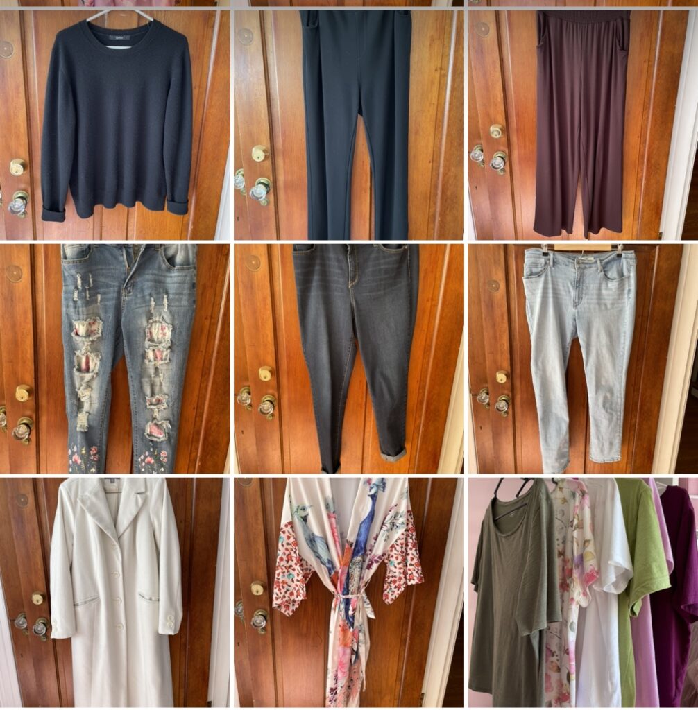 Pants, ivory coat, spring robe, and workout tees. pictures of my 2024 spring capsule wardrobe