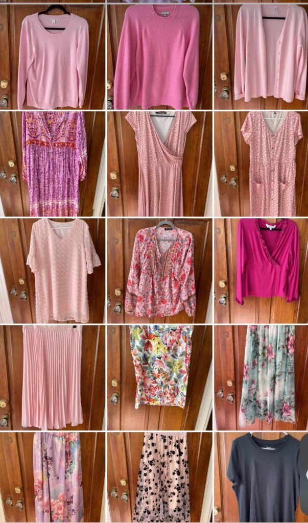 Assortment of pink dresses, tops and skirts and black tee