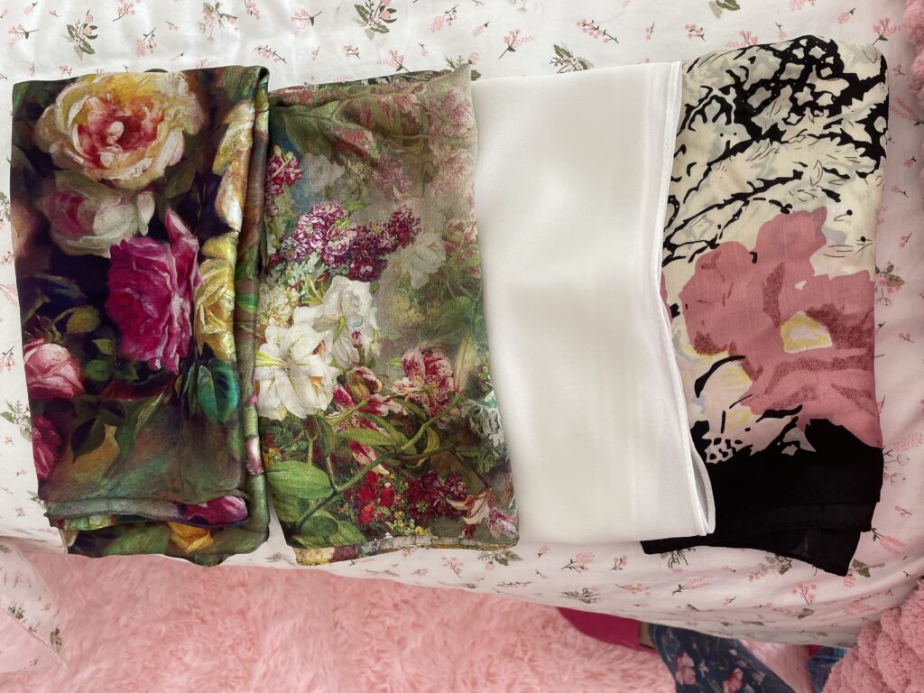 4 pretty spring floral scarves, green, pink, black, and ivory solid