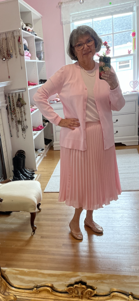 # 19 Pink cardigan, pleated skirt and pink tee, pink sparkle shoes