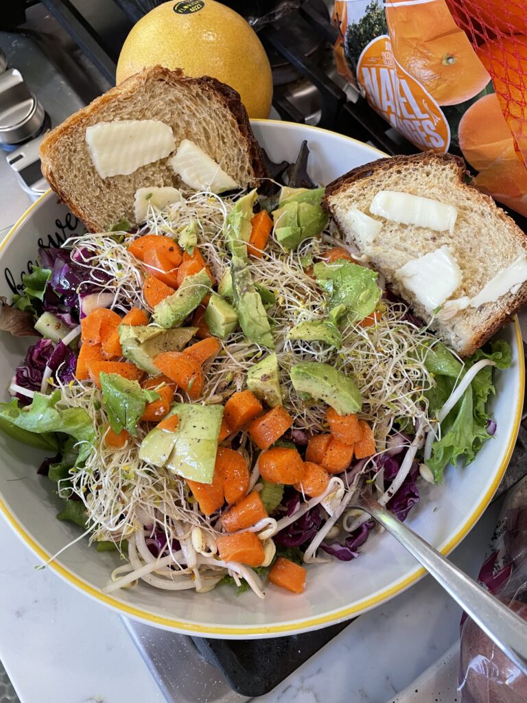 avocado sprout salad with buttered toast