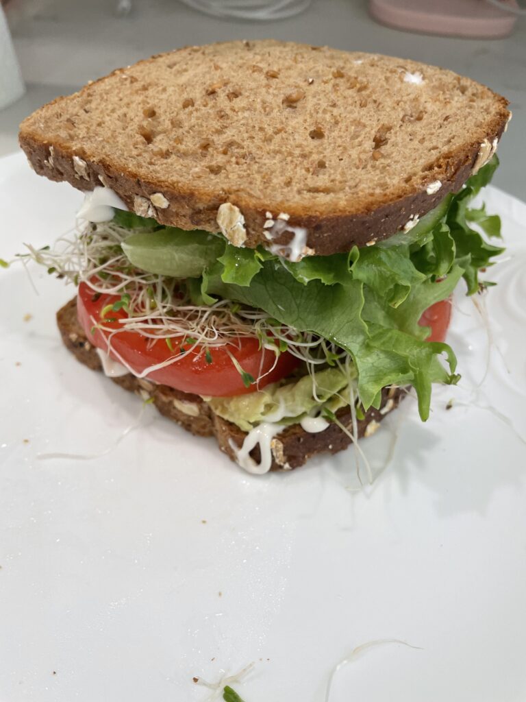 Avocado tomato sandwich with sprouts